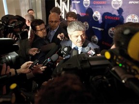 Edmonton Oilers  new head coach Todd McLellan speaks to the media on May 19, 2015, in Edmonton.