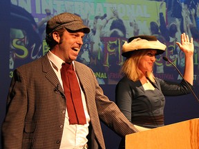 Murray Utas (left/Artistic Director, Fringe Theatre Adventures) and Jill Roszell (right/Executive Director, Fringe Theatre Adventures) at the 34th Annual Edmonton International Fringe Theatre Festival Theme Launch held at the Arts Barns on May 12, 2015.
