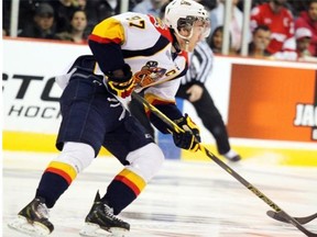 Erie Otters forward Connor McDavid carries the puck during an Ontario Hockey League playoff game against the Sault Ste. Marie Greyhounds on April 30, 2015, at the Essar Centre in Sault Ste. Marie, Ont.