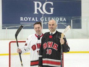From left, David Martin, general manager of the Royal Glenora Club, and Andy Oakes, president of Okanagan Hockey Group, on the ice at the RGC. The Okanagan Hockey Group and Royal Glenora Club announced a hockey academy at the club that provides young athletes in junior high and high school to play hockey and get an education.