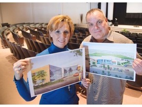 From left, Kim Mattice Wanat and Bruce Gritter show artist renderings of some of their group’s ideas for the proposed South Pointe Community Centre at the former site of Victory Christian Centre.
