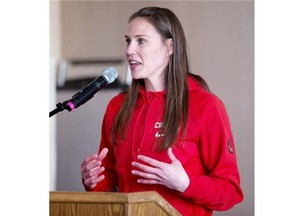 Kim Gaucher, a veteran player on the Canadian women’s basketball team, speaks during a press conference at City Hall, where the team was welcomed by Mayor Don Iveson, on Wednesday.