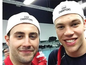 Jordan Eberle, left, and Taylor Hall of the Edmonton Oilers celebrate their gold medal at the world hockey championship in Prague May 17, 2015