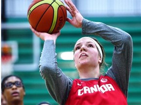 Katherine Plouffe and her twin sister Michelle playing on Canadian Women’s National Basketball team during a practice session at the Saville Centre in Edmonton, May 15, 2015.