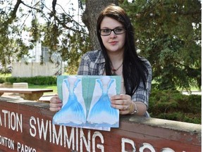 Krista Visinski is upset that the City of Edmonton banned the mermaid tails and anything that binds your feet together after she was practising three times a week to become a professional mermaid in Edmonton, May 15, 2015. She’s holding a photo of the design of her mono fin that she ordered.