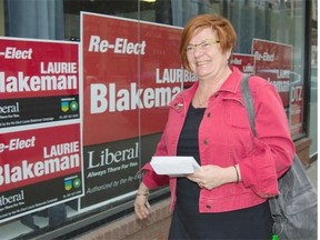 Laurie Blakeman arrives at her campaign headquarters in Edmonton on election day, May 5, 2015. The long-serving Liberal MLA, who lost her seat, says she was asked by the NDP to cross the floor prior to the election.