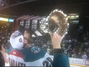 Leon Draisaitl lifts the Ed Chynoweth Trophy, and finishes his junior hockey career as a Western Hockey League champion.