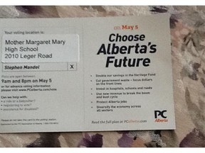 Seniors in Horizon Village Whitemud got these cards from PC Stephen Mandel's campaign. They give directions to the wrong polling station.