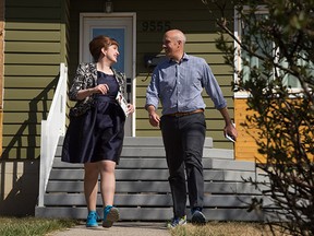 Alberta Party leader Greg Clark out door-knocking with candidate Cristina Stasia in Edmonton on April 27, 2015.