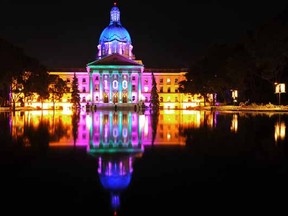 The Legislature building was lit up late in the evening in Edmonton, Alberta on Aug. 22, 2012.