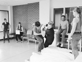 Oscar Derkx and Chris Cook rehearse a fight from Featuring Loretta. They are joined by director Elizabeth Hobbs, assistant director Erin Voaklander, fight director Patrick Howarth, and co-star Amber Bissonnette. Part of The Suburban Motel Series presented by Punctuate! Theatre