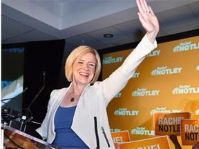 NDP Premier-designate Rachel Notley waves to supporters election night headquarters in the Westin Hotel in Edmonton.