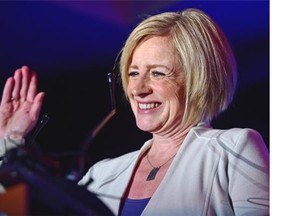 Premier Elect NDP Rachel Notley waves to supporters at the NDP election night headquarters in the Westin Hotel in Edmonton, May 6, 2015.