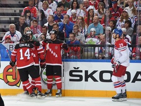There are exactly three happy people in this photo, namely Jordan Eberle, Sidney Crosby and Taylor Hall who have just combined to give Canada a lead they would never relinquish against the Czech Republic.