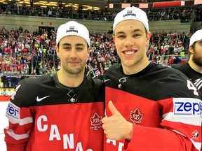 Jordan Eberle and Taylor Hall celebrate their second championship together.