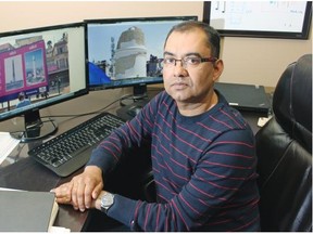 Sanat Pokharel, an Edmonton engineer who designed earthquake-resistant homes in Nepal, said more people would have survived the April earthquake if proper building techniques were enforced. On the computer screens are images of the Dharahara Tower in Kathmandu, before and after the April earthquake.