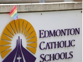 A small rainbow flag spotted outside the Edmonton Catholic Schools building in downtown Edmonton where a rally was held May 15, 2015, to recognize International Day Against Homophobia and Transphobia this weekend.