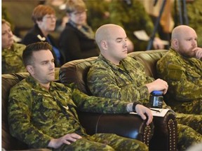 Soldiers listen as Dr. Ibolja Cernak speaks during the Mental Health and Resilience conference at Edmonton Garrison in Edmonton on Monday Apr. 20, 2015.