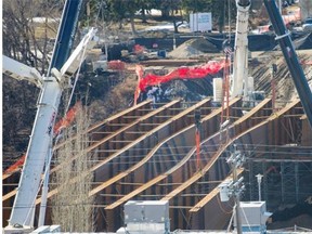 The steel beams of the 102 Avenue bridge over Groat Road buckled. Photo taken March 16, 2015, from the Copeman Healthcare Centre.