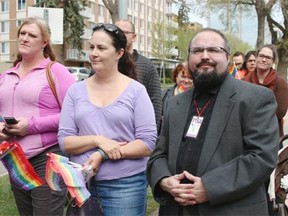 Supporters outside the Edmonton Catholic Schools building in downtown Edmonton where a rally was held May 15, 2015, to recognize International Day Against Homophobia and Transphobia this weekend.