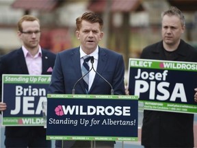 Wildrose Leader Brian Jean speaks about education during a press conference in Ellingson Park In Edmonton on Friday, April 24, 2015.