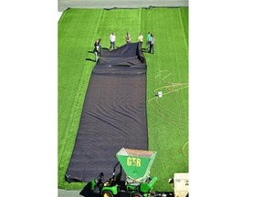 Workers install new artificial turf at Commonwealth Stadium on Monday in preparation for the FIFA Women’s World Cup in June.