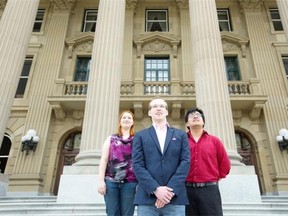 Young politicians left to right: Independent candidate Aura Leddy, Wildrose candidate Joe Byram, and Liberal candidate Michael Chan at the Alberta legislature.
