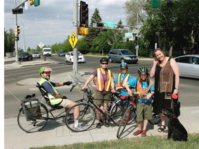 Area residents Ryan Hayward, Cheryl Trepanier, Nolan Zurek, Sawyer Zurek and Peigi Rockwell (left to right) at the intersection of Scona Road/Saskatchewan Drive/99 Street.