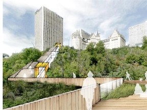 An artist’s depiction of the proposed river valley funicular and boardwalk.