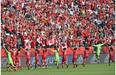Canada celebrates with the fans after defeating China 1-0 in FIFA Women’s World Cup action at Commonwealth Stadium in Edmonton, June 6, 2015.