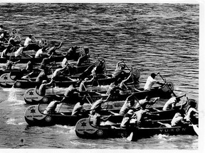 Ten canoes representing eight provinces and two territories passed through Edmonton in 1967 during an historical canoe race from Rocky Mountain House to Montreal and Expo 67 to mark Canada’s centennial.