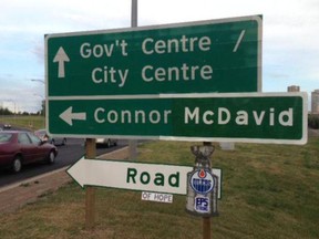 Altered road sign in Edmonton river valley on McDavid's Day Eve