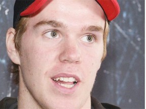 Connor McDavid talks about his NHL plans after a news conference announcing his sponsorship deal with CCM Hockey, during the NHL combine on June 4, 2015, in Buffalo, N.Y.