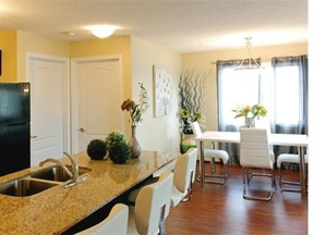 Cottonwood, the Solara condominium showhome, features an open-concept kitchen and dining room.