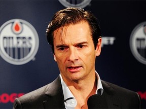 Dallas Eakins speaks to the media after being fired as the Edmonton Oilers’ head coach on December 16, 2014.