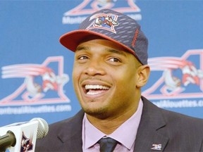 Defensive end Michael Sam meets the media at a press conference on May 26, 2015 after signing with the Montreal Alouettes.