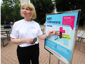 Dianne Kipnes, who chairs the Edmonton Galleria project, points out its theatre and performing components during an information event in Beaver Hills Park on Aug. 19, 2014.