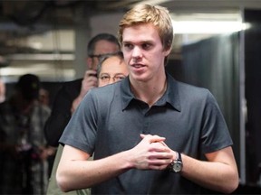 NHL draft pick top prospect Connor McDavid walks from a news conference on May 29, 2015 at the Memorial Cup in Quebec City.