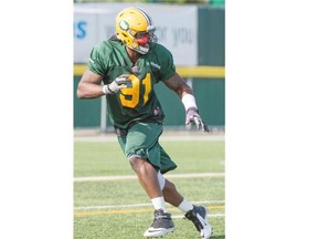 Edmonton Eskimos defensive end Marcus Howard practises during training camp at Fuhr Sports Park in Spruce Grove on June 3, 2015.