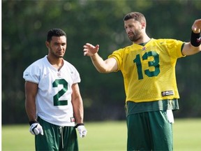 Edmonton Eskimos quarterback Mike Reilly talks to prospective wide receiver Eric Paige, left, during the Canadian Football League team’s mini-camp at Historic Dodgertown in Vero Beach, Fla., on April 19, 2015.