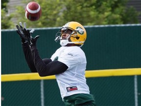 Edmonton Eskimos receiver Kenny Stafford catches the ball during a training camp practice at the Fuhr Sports Park in Spruce Grove on Monday.