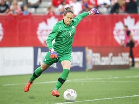 Erin McLeod (#1) of Canada clears the ball with a goal kick against England during their Women’s International Friendly match on May 29, 2015 at Tim Hortons Field in Hamilton, Ontario. Goal kicks were introduced to the game in 1869.