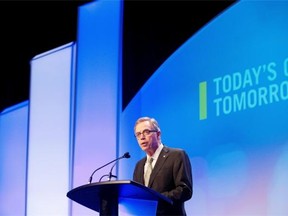 Federal Finance Minister Joe Oliver speaks during the Federation of Canadian Municipalities annual conference in Edmonton on Friday June 5, 2015.