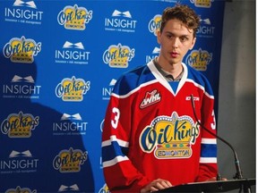 Six-foot-five goaltender Alec Dillon, who decided to pass on a college scholarship to play for he Edmonton Oil Kings in the Western Hockey League next season. answers questions at a news conference at Rexall Place on Monday.