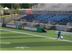 FORT MCMURRAY, ALBERTA ; JUNE 12, 2015--Sports Fields Supervisor, Jay Michaluk paints the lines at SMS Equipment Stadium on June 12, 2015, in Fort McMurray. The stadium is brand new and will host a CFL game between the Edmonton Eskimos and the Saskatchewan Roughriders on Saturday. (Greg Southam/Edmonton Journal)