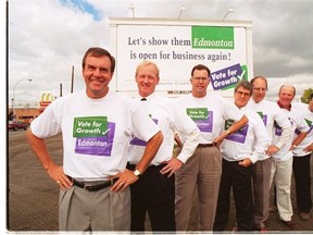 The Greater Edmonton Growth Foundation was one of four pro-business lobby groups that campaigned for a more pro-business city council to be elected in 1995. Pictured in front of one of their billboards are Doug Main, left, Peter Moore, Grant Ainsley, Tony Cairo, Deryk Norton, Blaine Usenik and James Sit.