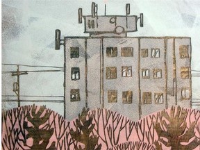 Jeff Sylvester’s mixed media Apartment Building is up in his Neck of the Woods show at Front Gallery through June 23.