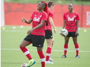 Kadeisha Buchanan is all smiles early in the practice. Team Canada Womens Soccer team practised in Edmonton two days before the Women’s World Cup begins on Saturday.