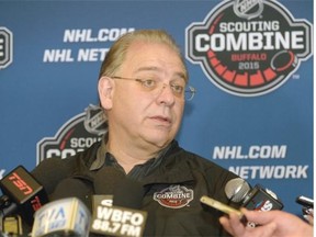Dan Marr, director of NHL Central Scouting, talks about the process of the draft at a hockey news conference during the NHL Scouting Combine on June 5, 2015, in Buffalo, N.Y.