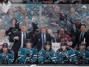 Oilers new coaching staff have worked together in San Jose in recent years. Here head coach Todd McLellan is flanked by Jim Johnson (left) and Jay Woodcroft.